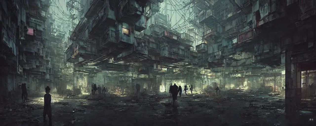 Image similar to duotone noir concept illustration inside of kowloon walled city night stimulus overload groups of people scavenging octane render, concept hideo kojima surreal atmosphere, abandoned buildings volumentric lighting. cosmic horror. accidental renaissance. by sachin teng and sergey kolesov and ruan jia and heng z. graffiti art, scifi, fantasy, hyper detailed. trending on artstation