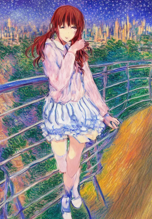 Image similar to wide angle portrait of a teenage girl, a thrifty outfit, somewhat of an anime in impressionist style, city street view background, starlit night sky, trending artwork, illustrated in anime painter studio, by claude monet and an anime artist, collaboration