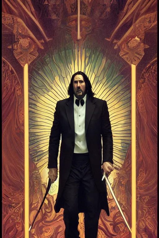 Image similar to a dramatic ethereal epic painting of nicolas cage as john wick | tarot card, art deco, art nouveau, realistic | deatiled face, dramatic lighting | by Dresden Codak, by Mark Maggiori and Alphonse Mucha | trending on artstation