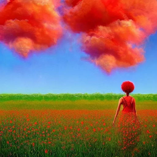 Image similar to giant red flower afro, full body, girl walking in the middle of a field with flowers, surreal photography, hills, sunrise dramatic light, impressionist painting, colorful clouds, digital painting, pointillism, artstation, simon stalenhag