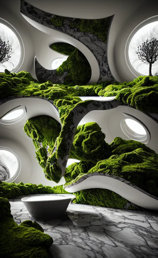 Image similar to highly detailed ultra sharp 3 d render villa interior cinematic composition of a smooth ceramic porcelain biomorphic magnolia stone nebula fluid fractal sci - fi surreal architecture landscape, granite, metallic, magnesium, marble, moss and lichen, vincent callebaut composition, mamou - mani, archviz, beautiful lighting, 8 k, unreal engine, hdr,