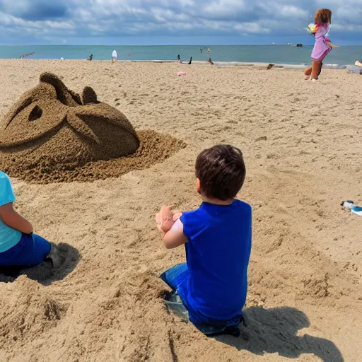 Prompt: photograph of 2 children making a sand sculpture representing a crab. seaside, beach. blue sky, some clouds, sun.