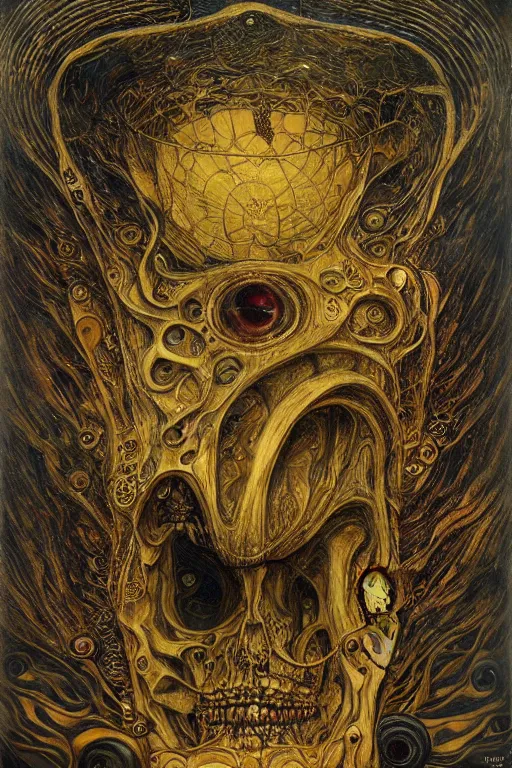 Prompt: The Bone Hammer by Karol Bak, Jean Deville, Gustav Klimt, and Vincent Van Gogh, otherworldly, fractal structures, arcane, prophecy, ornate gilded medieval icon, third eye, spirals