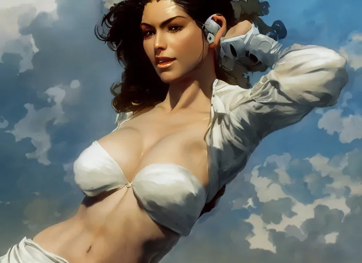 Prompt: beautiful painting of a beautiful woman with white linen with greece in the background by yoji shinkawa frank frazetta, charlie bowater, magali villeneuve, j. c. leyendecker, unreal engine, octane render, ultra realistic,