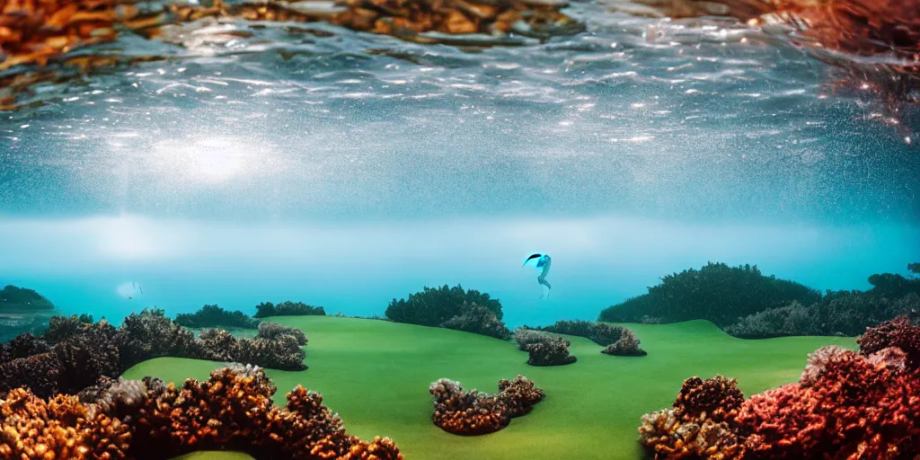 Image similar to a great photograph of the most amazing golf hole in the world, perfect light, under water, coral reef, ambient light, 5 0 mm, golf digest, top 1 0 0, fog