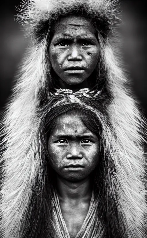 Image similar to Award winning Editorial photo of a Native Kiribati with incredible hair and beautiful hyper-detailed eyes wearing traditional garb with a Bokikokiko by Lee Jeffries, 85mm ND 5, perfect lighting, gelatin silver process