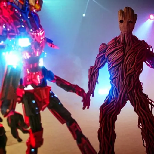 Prompt: groot and optimus prime dancing at techno party among people, wide shoot, after effect, ultra realistic 3 d