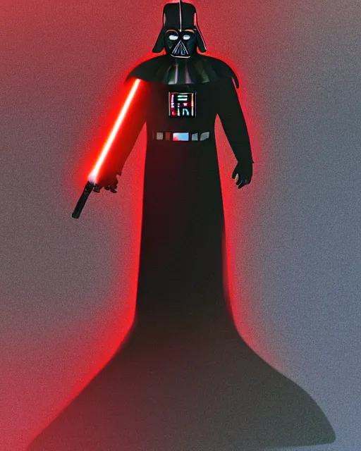 Prompt: a fan art of Darth Vader stood in a dark room lit up by his lightsaber, full shot, photo, long shot, simple image
