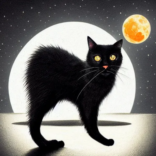 Image similar to an hyper detailed black cat with orange eyes walking through the road during the night under the light of the streetlights and looking at the moon. Realistic. High detail. Hyper realistic artwork By Diego Fazio