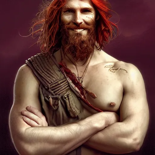 Image similar to portrait of a young ruggedly handsome but joyful pirate, faint freckles, male, masculine, upper body, red crimson crimson deep red hair, long long flowing hair, fantasy, proud smirk, intricate, elegant, highly detailed, digital painting, artstation, concept art, matte, sharp focus, illustration, art by artgerm and greg rutkowski and alphonse mucha