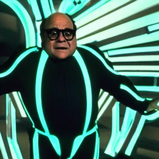 Prompt: A still of Danny Devito in Tron