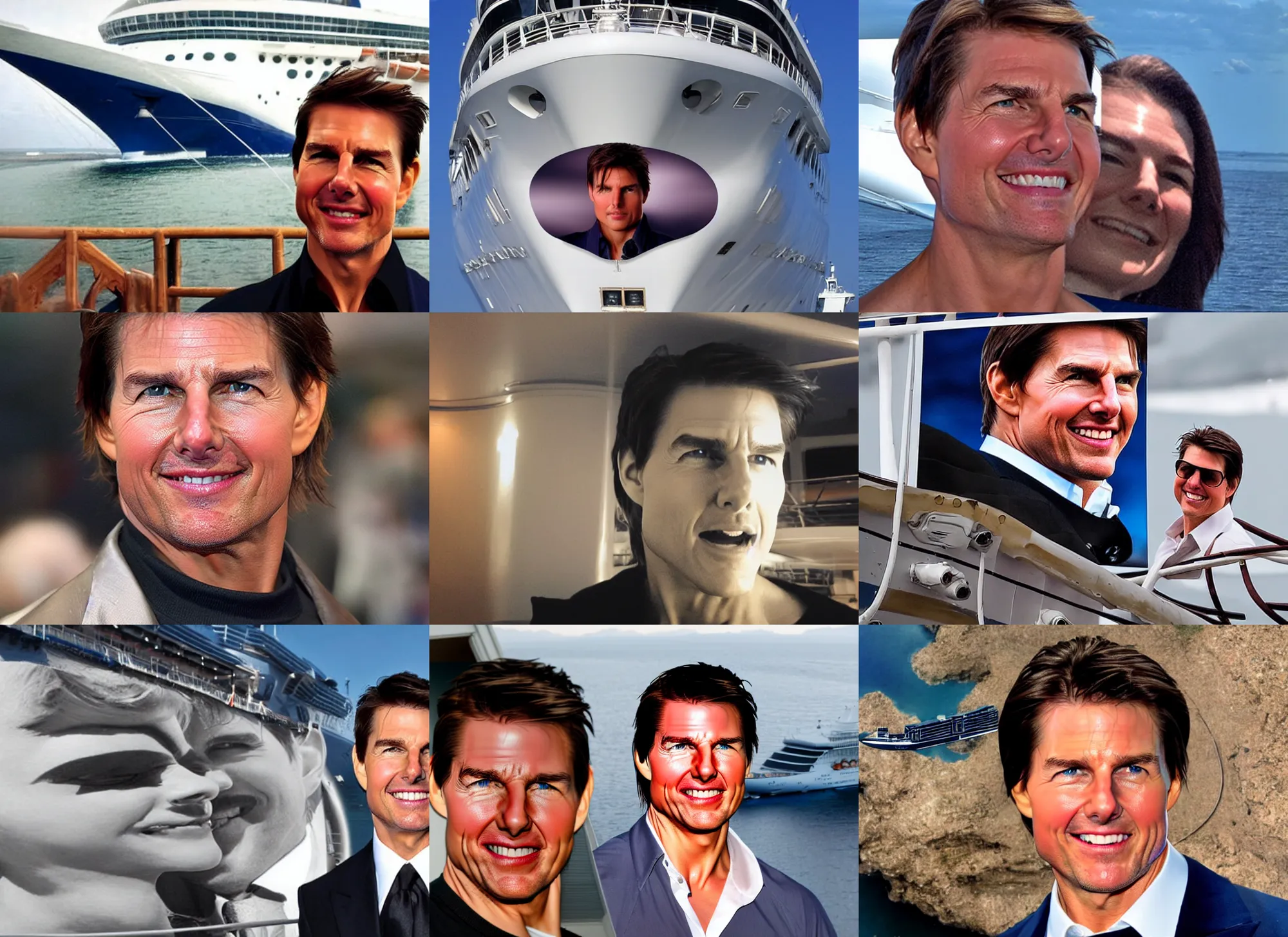 Prompt: tom cruise's face on the bow of a cruise ship