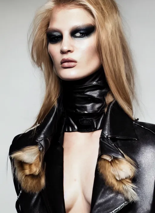 Image similar to A beautiful portrait of Hana Jirickova as a Alexandre Vauthier fashion model Spring/Summer 2012 wearing black Leather jacket, highly detailed, in the style of cinematic, Getty images, Milan fashion week backstage, Makeup by Pat McGrath, Hair by guido palau, Greg rutkowski