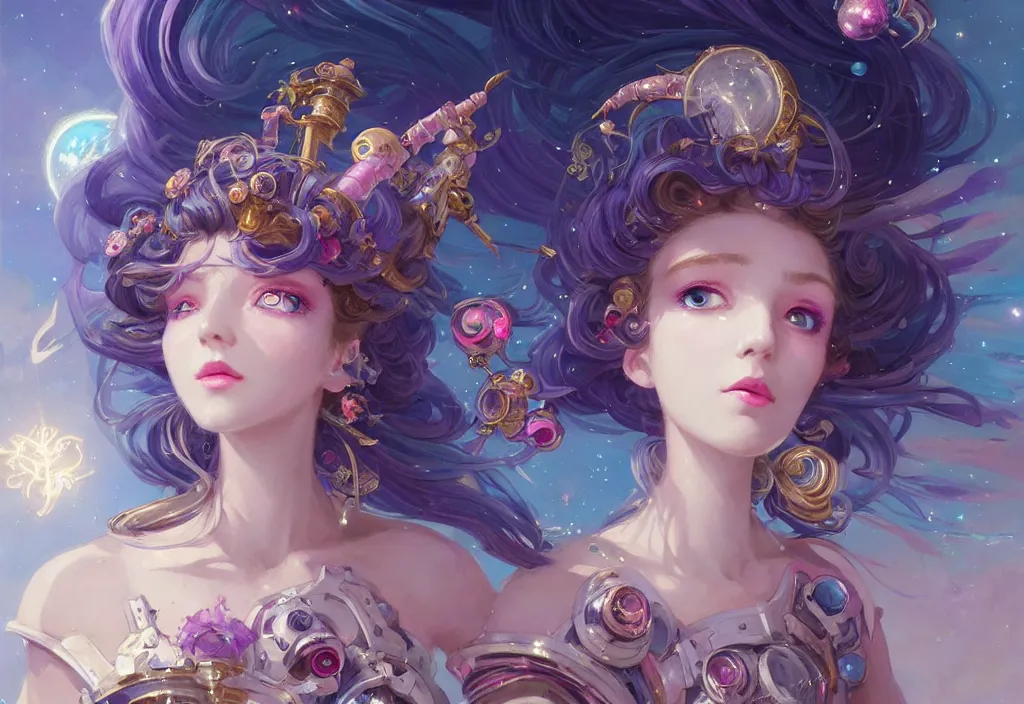 Image similar to close up picture of an maximalist dress magical girl, neat hair with bangs, smug face, extremely beautiful and aesthetic and detailed cute face and eyes, wipe out evils with cute astronaut familiar sprites, aming the magical beams to the camera, chiaroscuro, intricate, masterpiece, epic fantasy illustrations by peter mohrbacher and anato finnstark and jeremy lipking