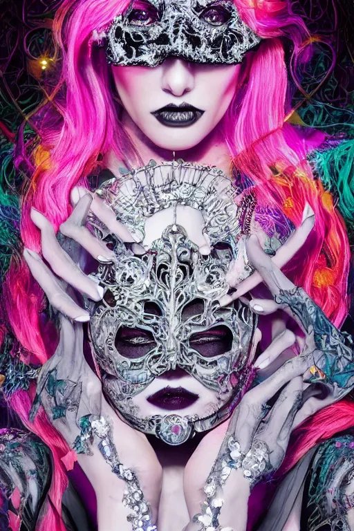 Prompt: highly detailed, digital painting of a beautiful arcane witch, with symmetrical facial features, in a dark intricate ornate lace and gemstones masquerade mask, wearing a stunning neon-noir cyberpunk dress, vibrant mood, full view, Kodakchrome, vivid, Hyperdetailed, 4k hd matte digital painting, 8k resolution, enchanting and otherworldly, Hyperdetailed, Gsociety, trending on ArtstationHQ, dreamscape.