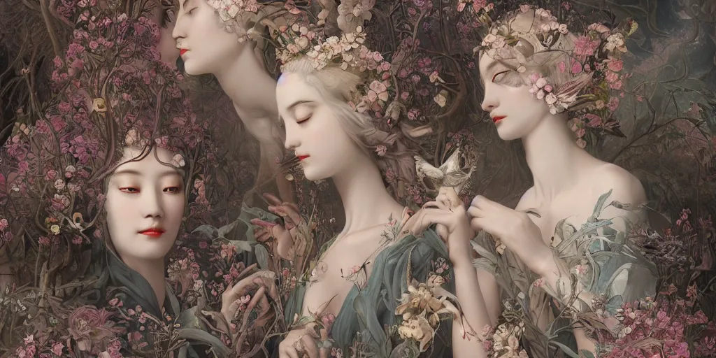 Image similar to breathtaking detailed concept art painting art deco pattern of blonde faces goddesses amalmation flowers with anxious piercing eyes and blend of flowers and birds, by hsiao - ron cheng and john james audubon, bizarre compositions, exquisite detail, extremely moody lighting, 8 k