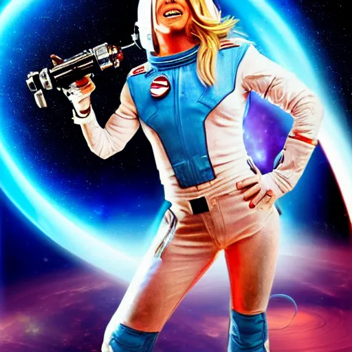 Image similar to of a great movie poster of britney spears as a hero sci fi space cosmonaut holding a raygun in a nice action pose, there is an explosion on the background of a space station shaking britney's hair and lighting her with a rim light, she is laughing, opps i did it again, f 2. 8, advertising lighting,