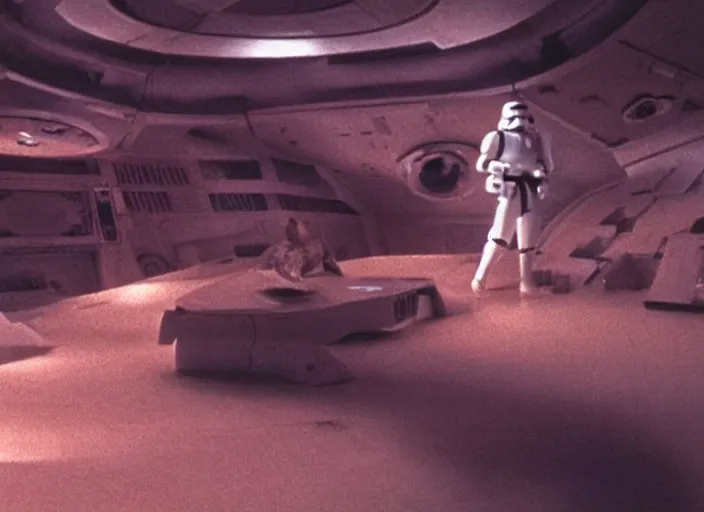 Image similar to screenshot from the iconic scene from the lost star wars 1980s film directed by Stanley Kubrick, cinematic lighting, unsettling set design with extreme detail, moody cinematography, with anamorphic lenses, crisp, detailed, 4k image