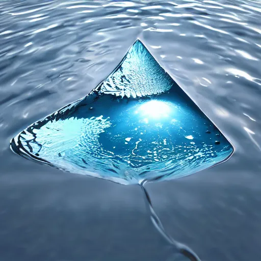 Prompt: water artwork manipulation inside the shape of an upside - down triangle on the ocean water, ray tracing, realistic water, focus, long shot, 8 k resolution, cinematic, water art photoshop