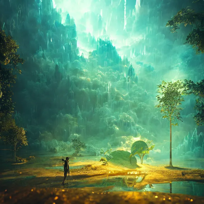 Image similar to a world of dew within every dewdrop a world of struggle, volumetric void of latent space, golden turquoise steampunk, axonometric high contrast cinematic light, mystical shadows, sharp focus, divine realm of gods, octane render,