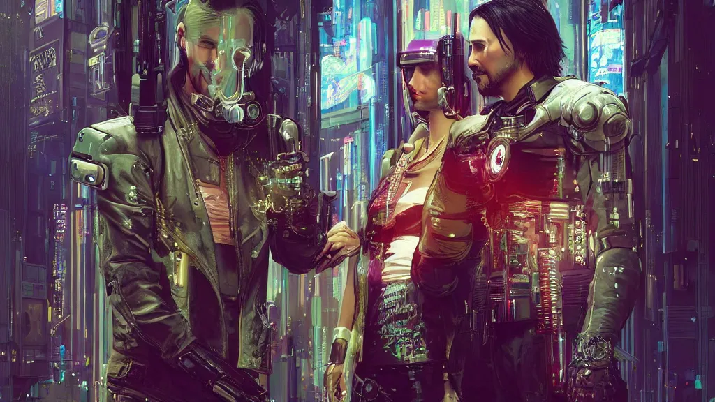 Image similar to a cyberpunk 2077 srcreenshot couple portrait of Keanu Reeves female android in love story,film lighting,by Laurie Greasley,Lawrence Alma-Tadema,Dan Mumford,John Wick,Speed,Replicas,artstation,deviantart,FAN ART,full of color,Digital painting,face enhance,highly detailed,8K,octane,golden ratio,cinematic lighting