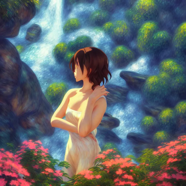 Image similar to an epic makoto shinkai and renoir surreal landscape of a woman's brown hair mixed with a waterfall, 🌺, golden hour, ultra smooth, lois van baarle, ilya kuvshinov, unreal engine, blender, trending on artstation, suntur, caleb worcester, highly detailed, photorealism, bloom effect 8 k