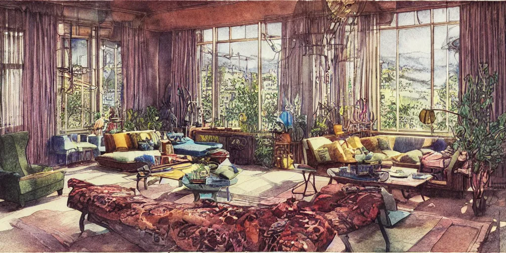 Prompt: a hiper intricate watercolor of a beatiful modern indoor living room, extremely detailed, sharp focus, wide view, detailed rought paper, digital illustration, colorfull, by greg rutowski, by carl larson, by edmund dulac