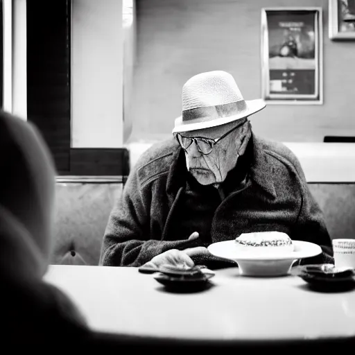 Image similar to a still of a lonely, melancholic old man staring at a slice of cake in a diner, he wears a birthday hat, infront of him is a framed photo facing him, dramatic contrasting light, 50mm, shot on a leica