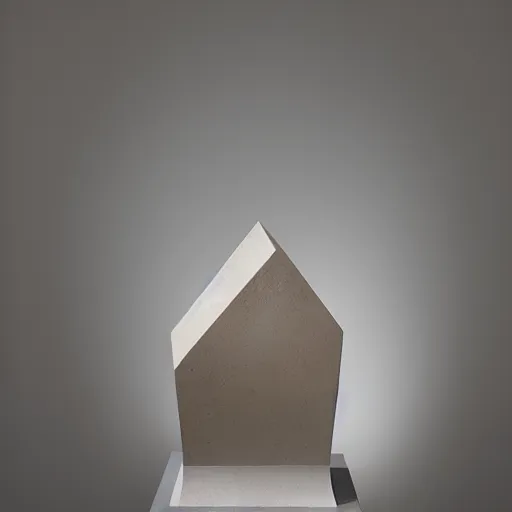 Prompt: single clay museum sculpture, cube pedestal, pyramidal symbolic representation, in a large hall, ambient lighting, museum catalog photograph