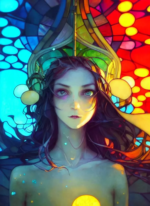 Prompt: close up picture of a beautiful and cute and aesthetic girl in the city made of stained glass, model pose, bright color, bright eyes, sun shining through, sharp focus, highly detailed face, specular reflection, art by anato finnstark and lecouffe deharme and pete mohrbacher and quentin mabille, fantasy illustration, epic light novel art cover