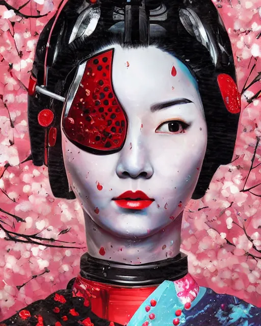 Prompt: an epic fantastic realism comic book style portrait painting of a japanese robotic geisha, cherry blossom rain everywhere, apex legends,