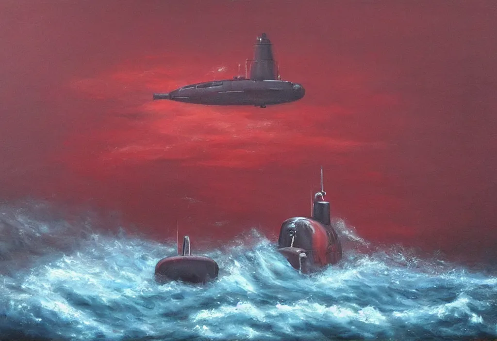 Image similar to realistic oil painting of a submarine in a red ocean!!