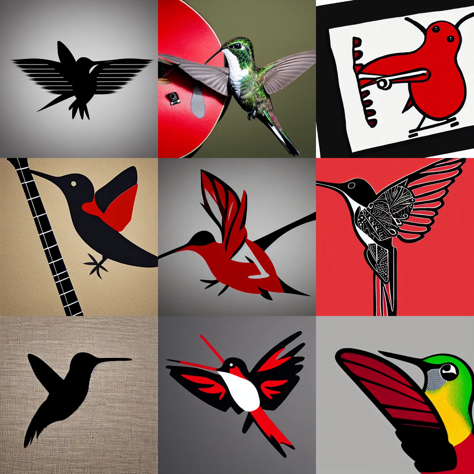 Prompt: logo for a hummingbird pecking a guitar, black, red, aggressive, sharp, sleek, angular, modern