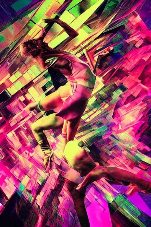 Prompt: wideangle action, a wild beautiful ballet techno dancer among shards of reality, madness, decoherence, synthwave, glitch!!, fracture, vortex, realistic, hyperdetailed, concept art, art by lsd, cubism