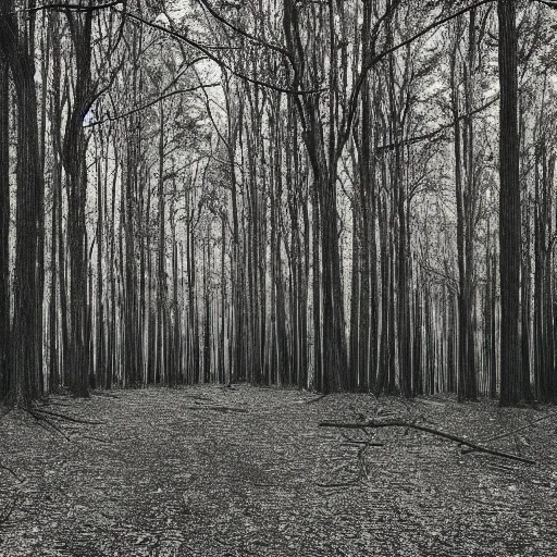 Image similar to endless forest of trees, highly detailed, ominous, vast