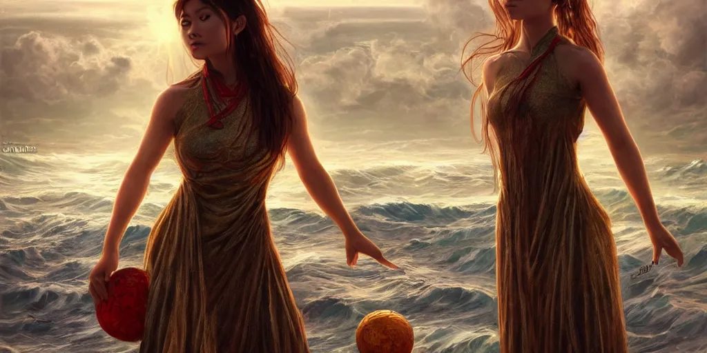 Image similar to ! dream photorealistic long shot of big sun rough sea and jagged rocks, nets, plastic bottles, garbage, sand and sea, golden hour, dark mystical goddess wearing a qipao, cheongsam, environmental, fantasy, atmospheric, hyper realistic, artstation, art by artgerm, andres rodriguez and john william waterhouse