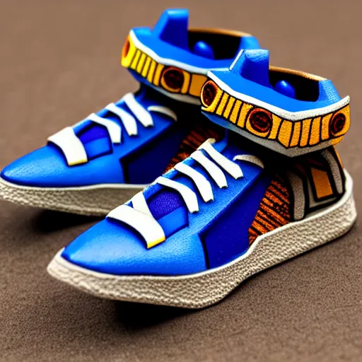 Prompt: realistic scultpure of sneaker! design, sneaker design overwatch fantasy style mixed with aztec mayan native street fashion, focus on sneakers only, shoes designed by akira toriyama and studio ghibli