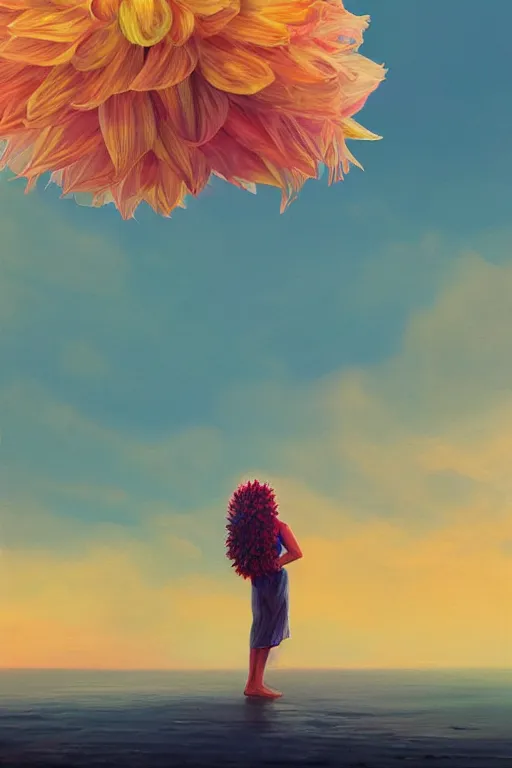 Image similar to closeup giant dahlia flower head, girl standing on beach, surreal photography, blue sky, sunrise, dramatic light, impressionist painting, digital painting, artstation, simon stalenhag