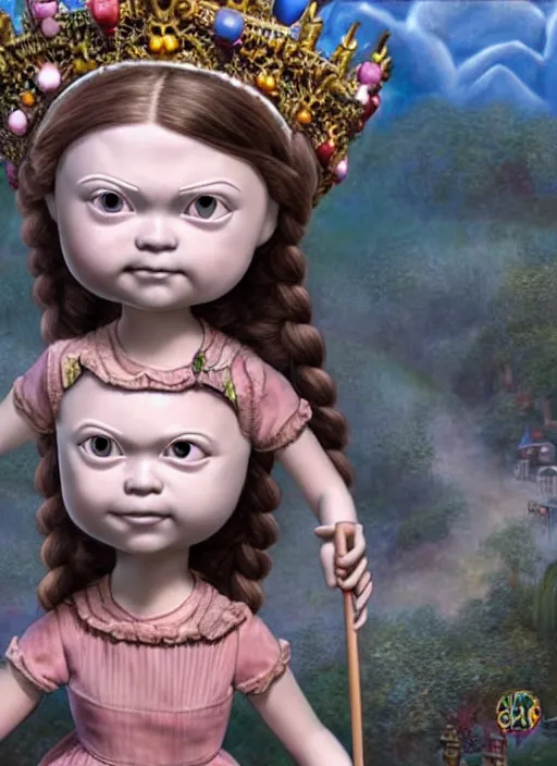 Prompt: highly detailed closeup, face profile portrait of greta thunberg as a tin toy fairytale goth princess wearing a crown eating cakes, bikini, unreal engine, nicoletta ceccoli, mark ryden, earl norem, lostfish, global illumination, detailed and intricate environment