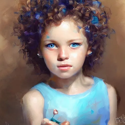 Prompt: a little girl with short curly light brown hair and blue eyes sitting in a nutshell. beautiful painting by raymond swanland, beautiful detailed face.