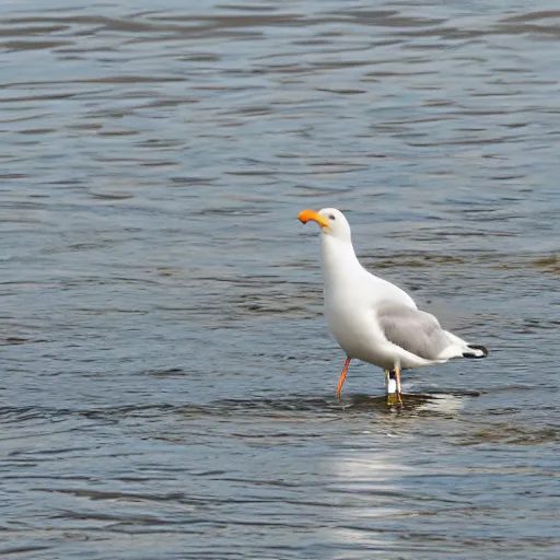 Prompt: seagull with hot dog hanging out of beak.