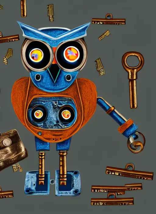 Image similar to colored pencil and pen drawing of an animatronic robot owl, bird made from rusty old keys and padlocks, space background, 8 k photorender realityengine