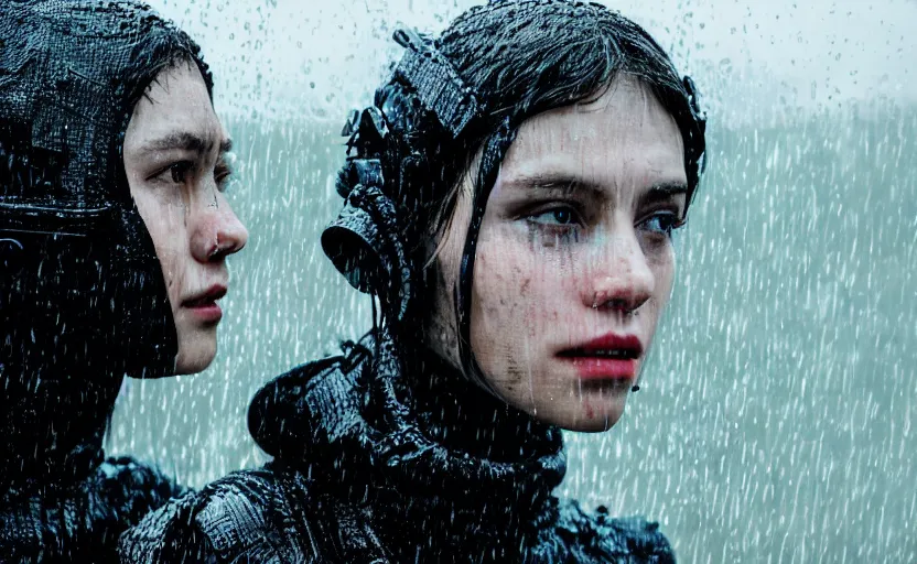 Image similar to cinestill 5 0 d candid photographic portrait by christopher nolan of two loving female androids wearing rugged black mesh techwear in treacherous waters, extreme closeup, modern cyberpunk moody emotional cinematic, pouring rain, 8 k, hd, high resolution, 3 5 mm, f / 3 2, ultra realistic faces, ex machina