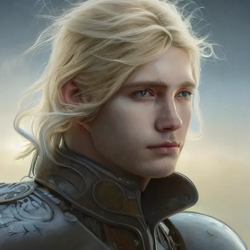 Image similar to portrait painting of a young melancholic man with a soft face and short light blonde hair wearing armor, ultra realistic, concept art, intricate details, eerie, highly detailed, photorealistic, octane render, 8 k, unreal engine. art by artgerm and greg rutkowski and charlie bowater and magali villeneuve and alphonse mucha