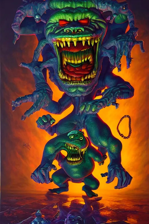 Prompt: a hyperrealistic painting of an epic boss fight against monster hey arnold!! ornate supreme dark overlord, cinematic horror by chris cunningham, lisa frank, richard corben, highly detailed, vivid color,