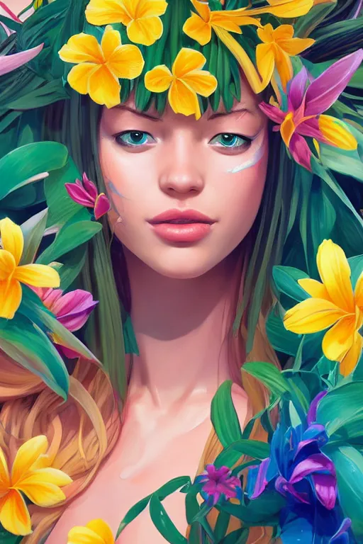 Image similar to symmetry!! attractive girl surrounded by colorful tropical flowers and plants, upper body face shot, long straight blonde hair, visible face : : portrait, painting, splash, jesper ejsing, by rhads, makoto shinkai and lois van baarle, ilya kuvshinov, ross tran, borderlands artworks in 4 k