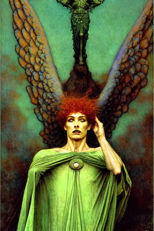 Prompt: a portrait of archangel raphael in a green toga by wayne barlowe, gustav moreau, goward,  Gaston Bussiere and roberto ferri, santiago caruso, and austin osman spare, ((((occult art))))