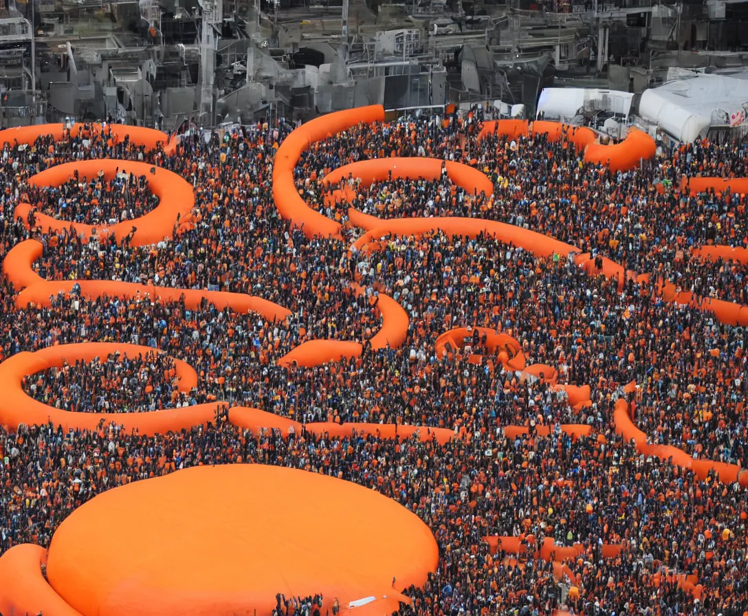 Image similar to a huge orange ring which is used for transport, in front of it are many people that want to travel with it, they have to hop on a giant moving floor to reach the ring