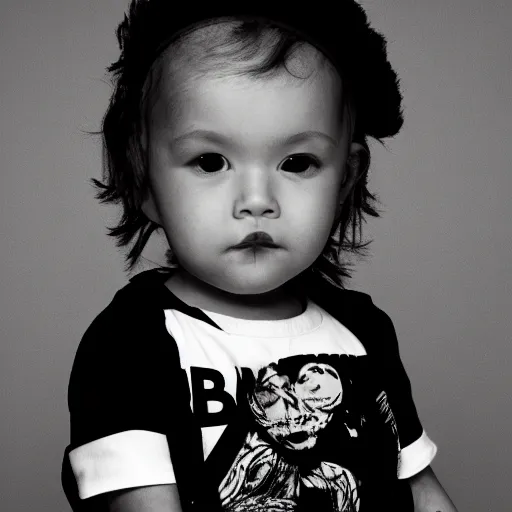 Image similar to the face of punk rock alien at 1 years old wearing balenciaga clothing, black and white portrait by julia cameron, chiaroscuro lighting, shallow depth of field, 8 0 mm, f 1. 8