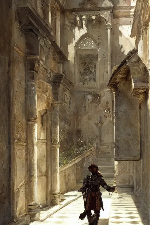 Prompt: an biomechanical palace guard walking through the byzantine courtyard by anders zorn, wonderful, masterpiece by greg rutkowski, beautiful cinematic light, by greg manchess, jessica rossier